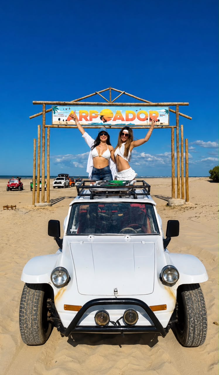 Visitantes em pé sobre o buggy no pórtico da Vila do Arpoador